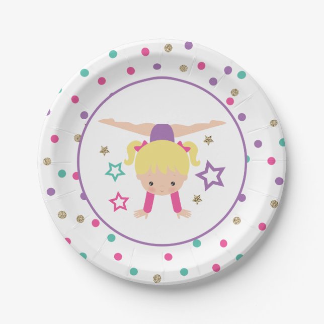 Gymnastics Pink Purple Turquoise Girl Birthday Pap Paper Plate (Front)