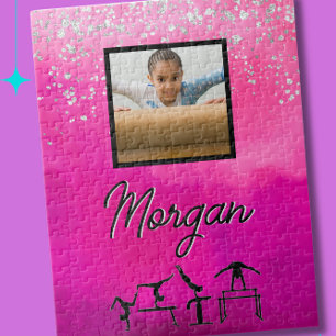 Gymnastics Pink, Silver, Glitter Custom Photo/Name Jigsaw Puzzle