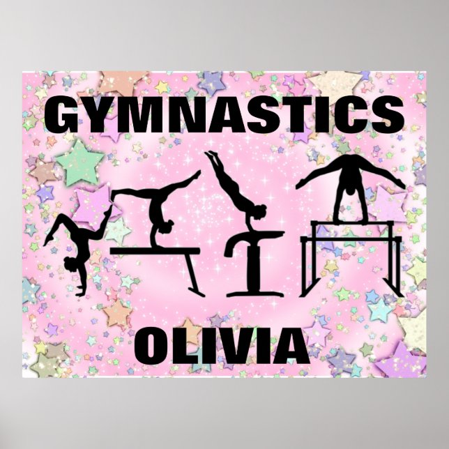 Gymnastics Pink Sparkle Swirls and Stars Poster (Front)