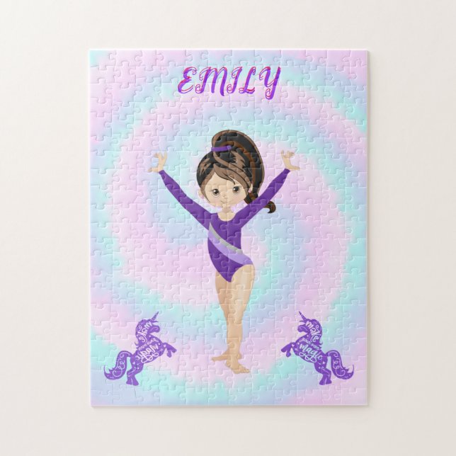 Gymnastics/ purple ponies/ swirls personalised  jigsaw puzzle (Vertical)