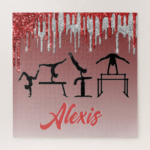 Gymnastics Red and Silver Glitter Drip Ombre Jigsaw Puzzle