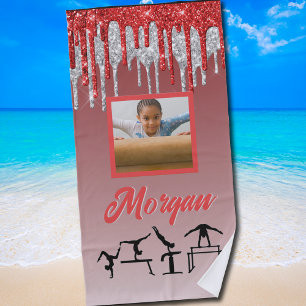 Gymnastics Red & Silver Glitter Drip Custom Photo Beach Towel