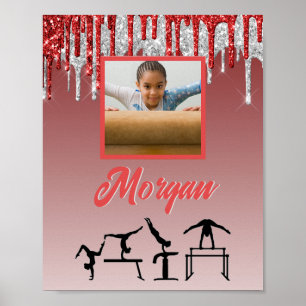 Gymnastics Red & Silver Glitter Drip Custom Photo  Poster