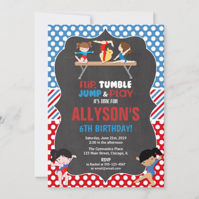 Gymnastics red white blue olympics birthday invitation (Front)