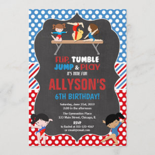 Gymnastics red white blue olympics birthday invitation