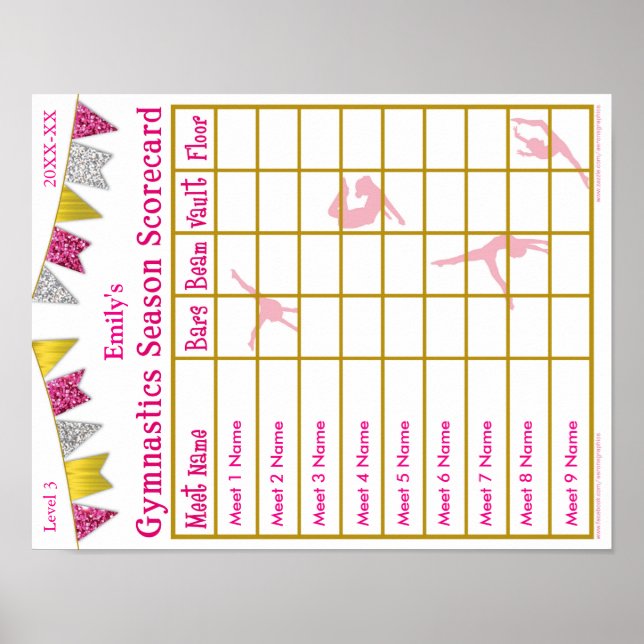 Gymnastics Season Meet Scorecard Poster 9 Glitter (Front)