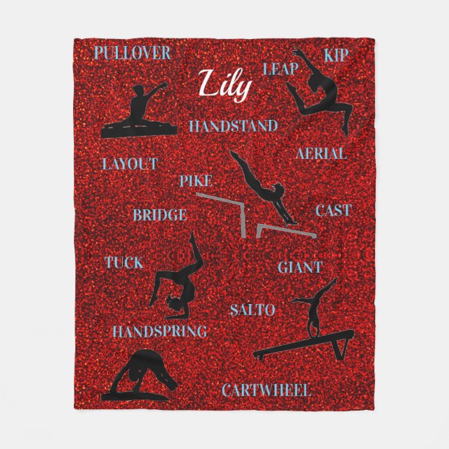 Gymnastics Skills Red Sparkle Typography Fleece Blanket (Front)