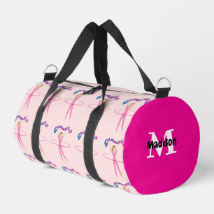 Gymnastics text Pink hula hooping girl Monogram Duffle Bag