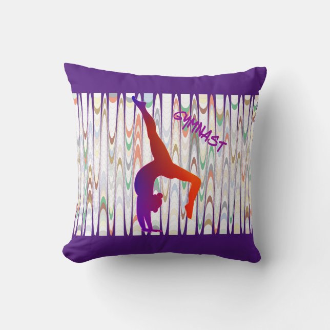 Gymnastics throw pillow with gymnast. (Front)