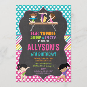 Gymnastics tumbling party birthday party girl invitation