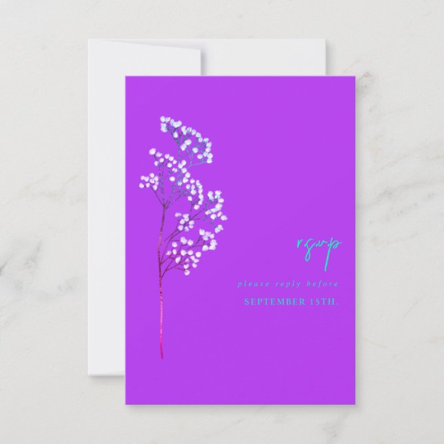 Gypsophila Stem Botanical Neon Purple Wedding RSVP Card (Front)