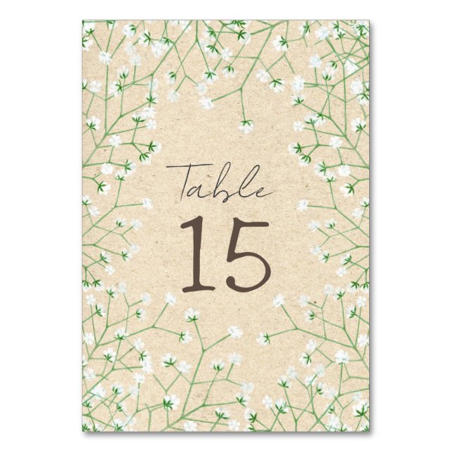 Gypsophila Watercolor Floral Rustic & Boho Wedding Table Number (Front)