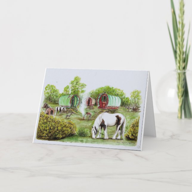 Gypsy camp fire, bowtop wagons and horses card (Front)
