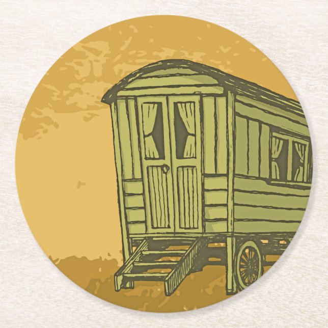 Gypsy caravan wagon round paper coaster (Front)
