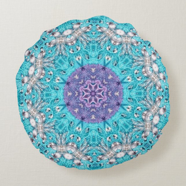 Gypsy Ethnic Embroidery  turquoise blue bohemian Round Cushion (Back)