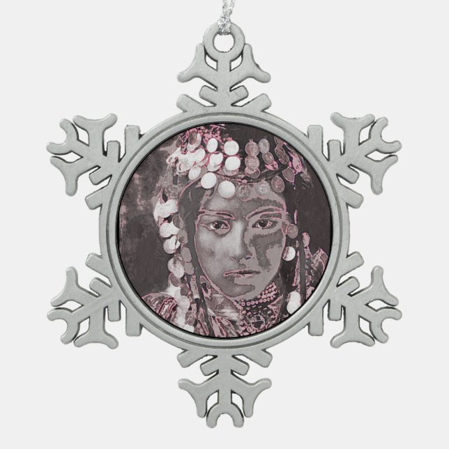 Gypsy in Champagne Pink Headdress Snowflake Pewter Christmas Ornament (Front)