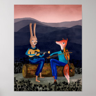 Gypsy Jazz - Rabbit and Fox Playing Music Poster