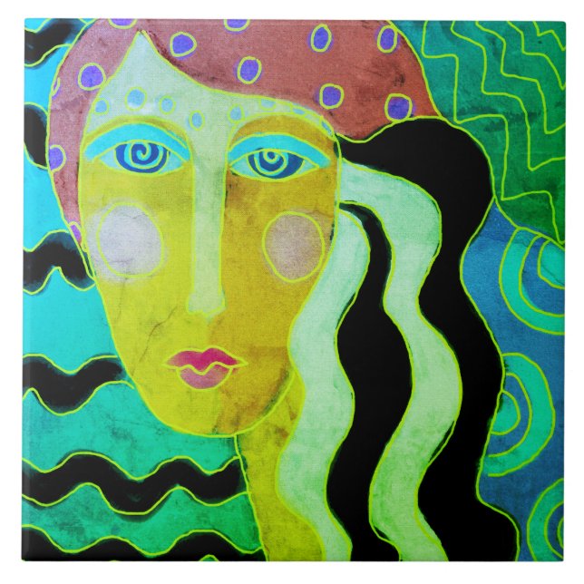 Gypsy Lady Abstract Digital Portrait of a Woman Ceramic Tile (Front)