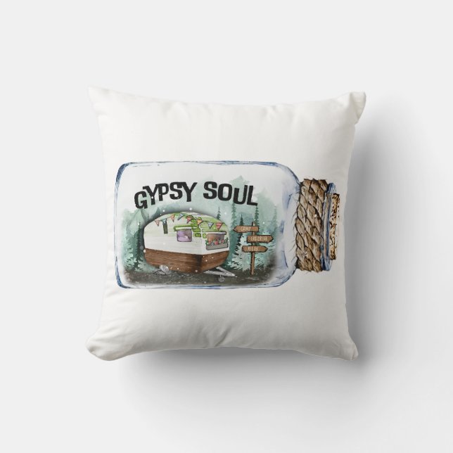 Gypsy Soul Camping Vintage Illustration Cushion (Front)