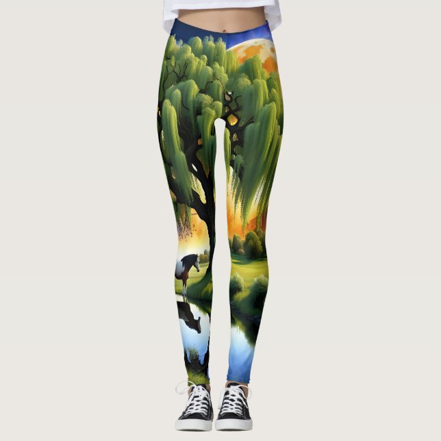 Gypsy Vanner horse stands under willow tree Leggings (Front)