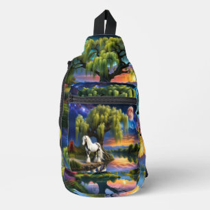 Gypsy Vanner Horse Willow Tree and Colourful Skies Sling Bag