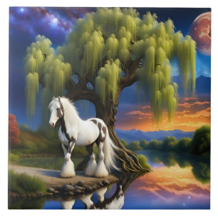 Gypsy Vanner Horse -Willow tree N Full Moon  Ceramic Tile