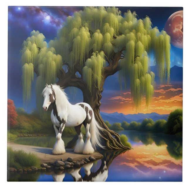 Gypsy Vanner Horse -Willow tree N Full Moon  Ceramic Tile (Front)