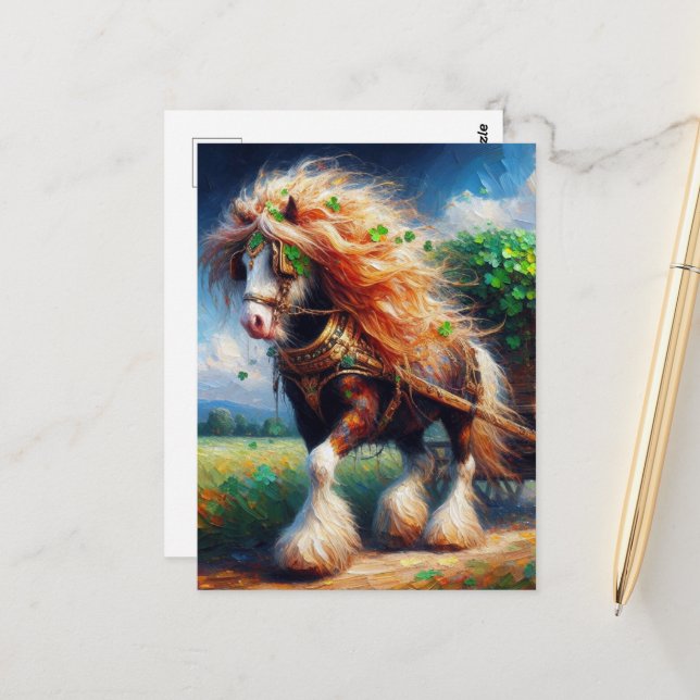 Gypsy Vanner Pulling a Cartload of Shamrocks Postcard (Front/Back In Situ)