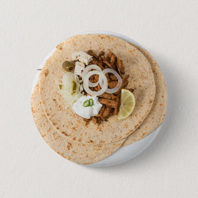 Gyros pita with tzatziki coleslaw olives and feta 6 cm round badge (Front)