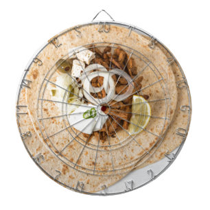 Gyros pita with tzatziki coleslaw olives and feta dartboard