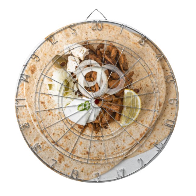 Gyros pita with tzatziki coleslaw olives and feta dartboard (Front)