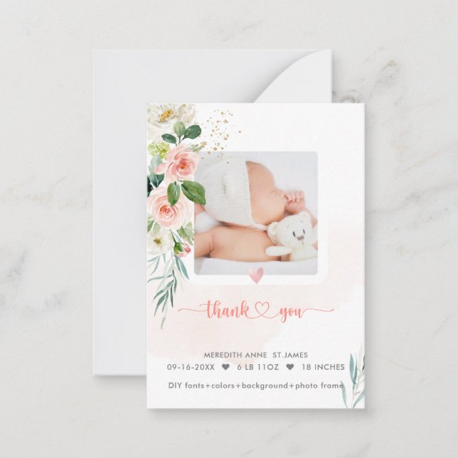 H2 Blush Roses Birth Announcement Shower Thank You (Front)