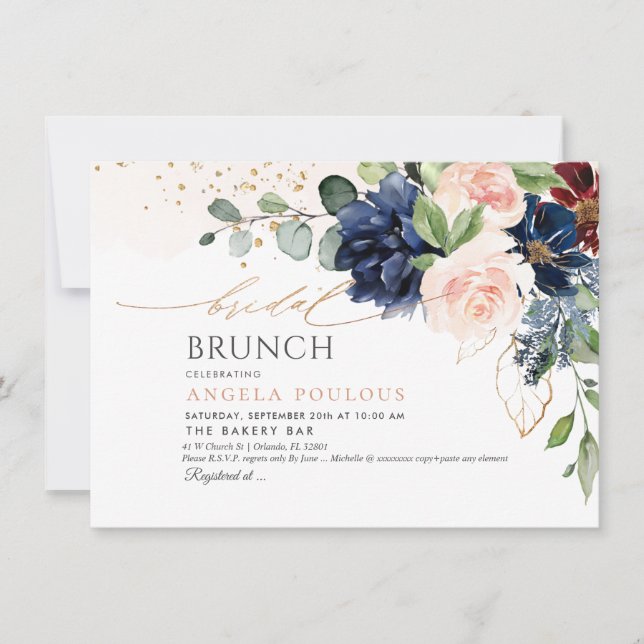 H2 Flowers Blush Navy Burgundy Bridal Brunch Invitation (Front)