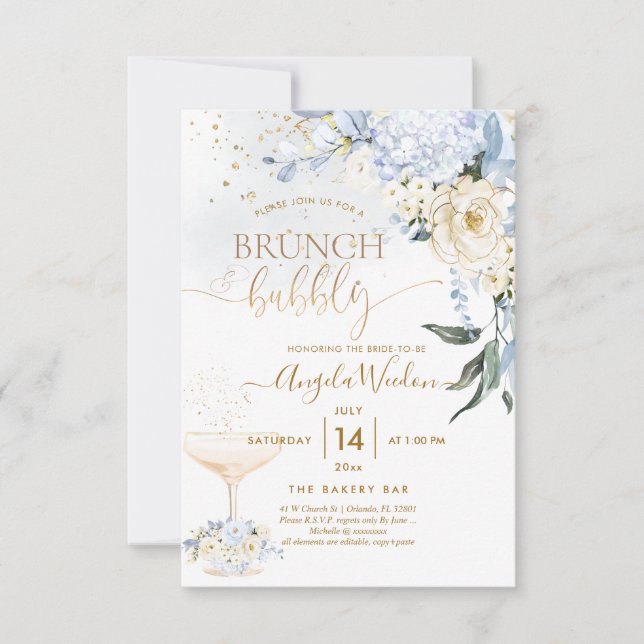 H2 Flowers Ice Blue Hyde Cream Roses Bridal Brunch Invitation (Front)