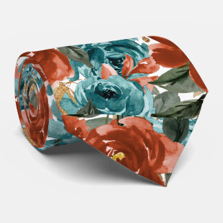 H2 Flowers Teal Green Rust Orange Roses Tie