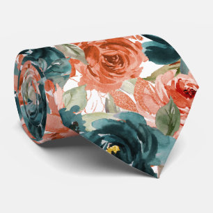 H2 Flowers Teal Green Rust Orange Roses Tie