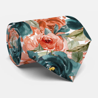 H2 Flowers Teal Green Rust Orange Roses Tie