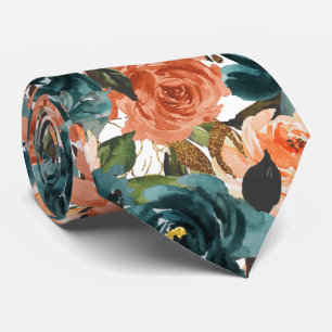 H2 Flowers Teal n Rust Orange Roses Tie