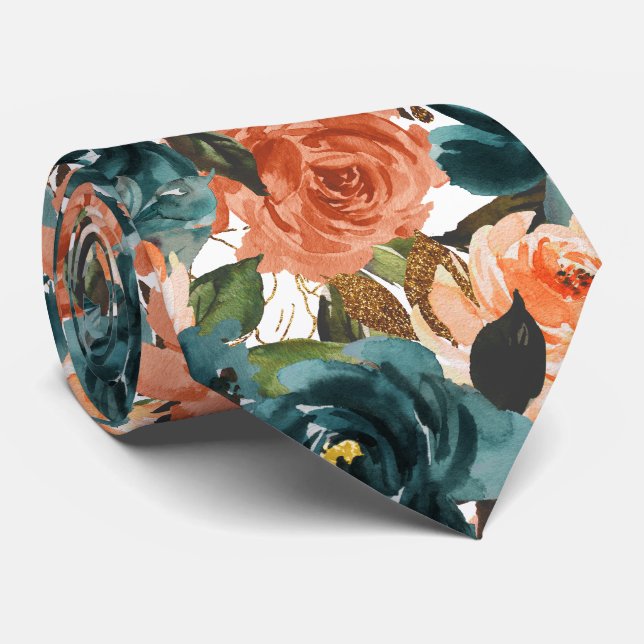 H2 Flowers Teal n Rust Orange Roses   Tie (Rolled)