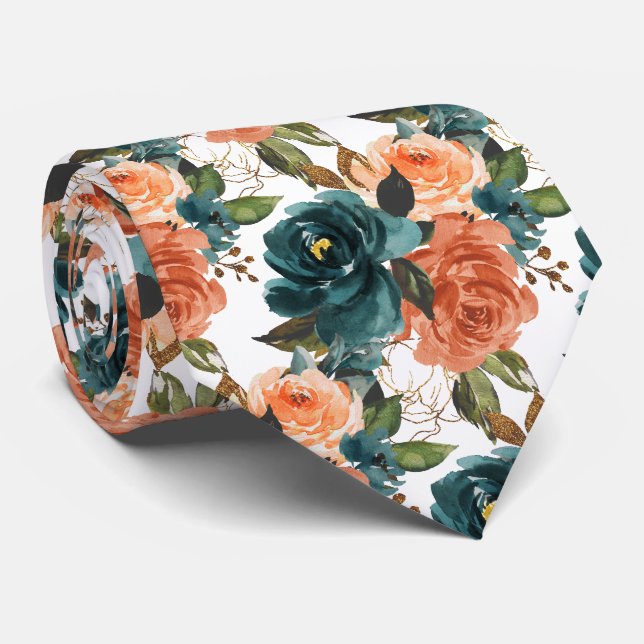 H2 Flowers Teal n Rust Orange Roses   Tie (Rolled)
