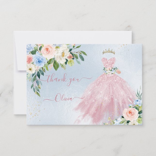 H2 Pink Blue Sparkling Quinceanera Dress Thank You Invitation (Front)
