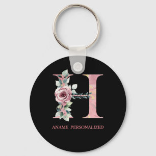 H Floral Monogram Name Letters Pink Agate Keychain