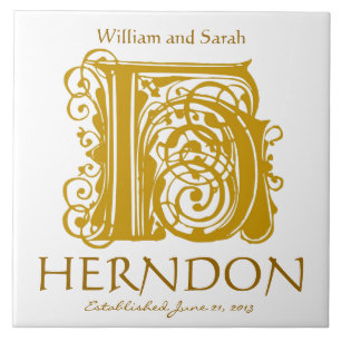 H Gold Monogram on White - Names Wedding Date Tile