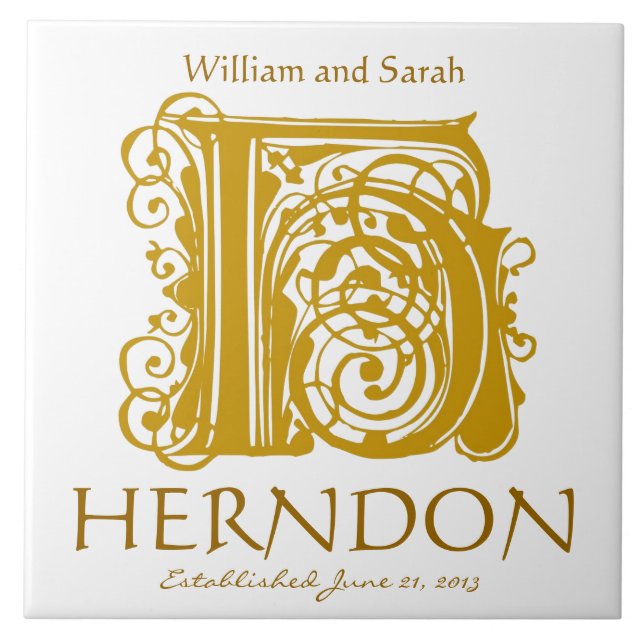 H Gold Monogram on White - Names Wedding Date Tile (Front)