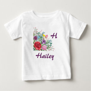 H Hailey Personalise Letter Name, Rose Flowers Baby T-Shirt