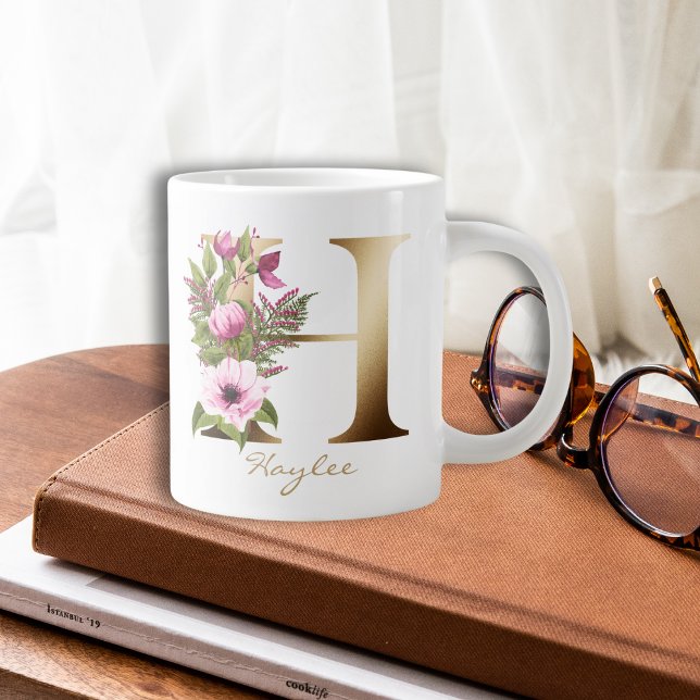 H Letter Gold Monogram | Pink Magenta Floral Large Coffee Mug (Creator Uploaded)