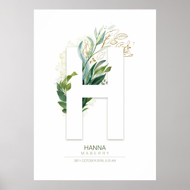 H Letter Monogram Gold Greenery Foliage Chic Poster (Front)