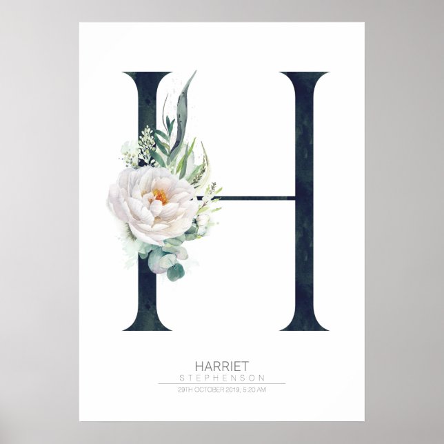 H Letter Monogram White Flowers and Greenery Poster (Front)