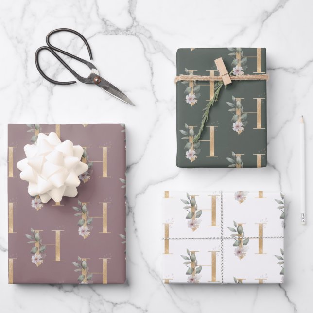 H Monogram Floral Wrapping Paper Sheet (Front)
