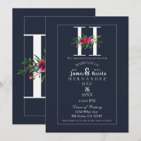 H Monogram Last Initial Modern Blue Floral Wedding